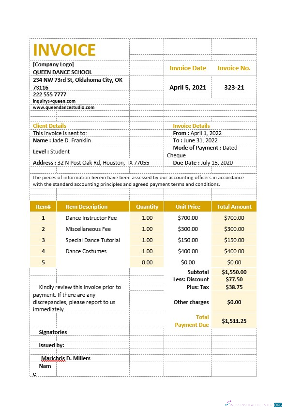 Download Dance School Invoice Template Photoshop template